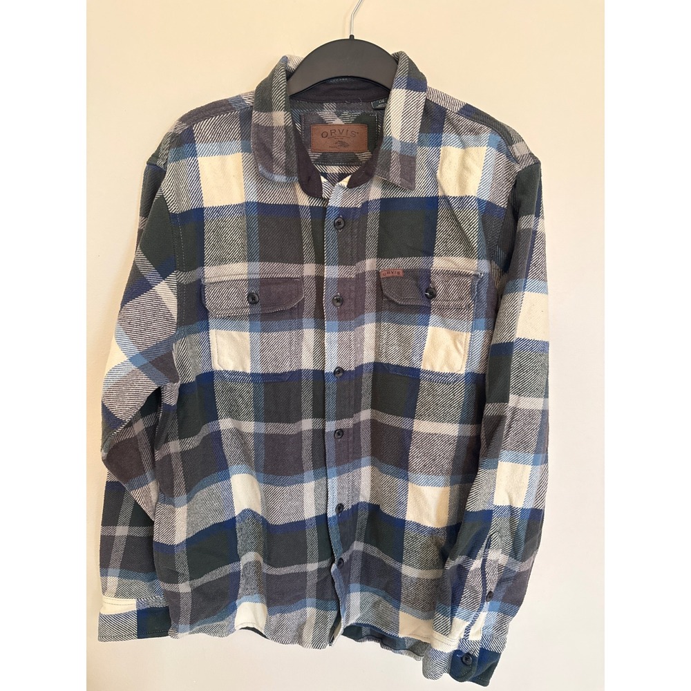 Orvis Mens Plaid Flannel Button Down Shirt Green Blue Cream Large